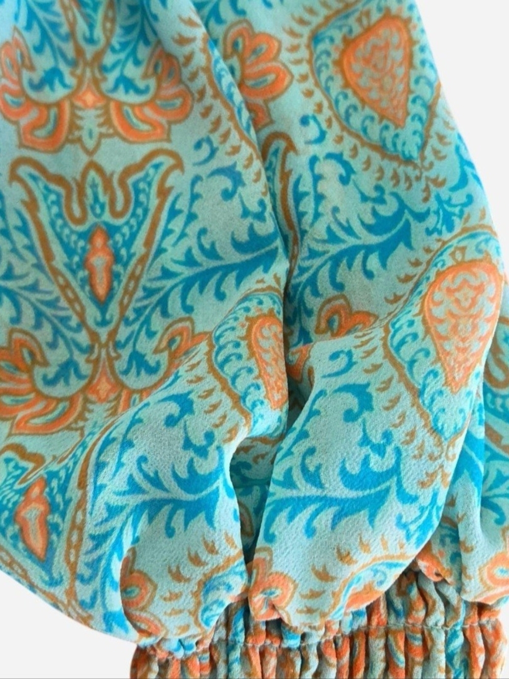 Rose & Olive Turquoise and Orange Paisley Smocked Peplum Blouse Size M - Picture 4 of 8